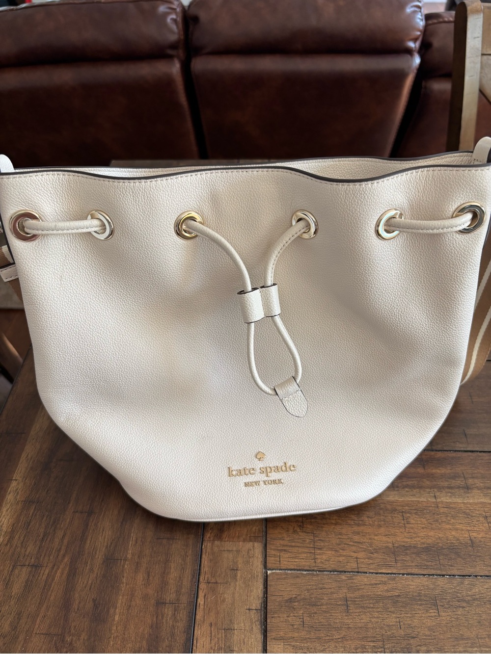 kate spade Cream Leather Drawstring Shoulder Bag with Gold Hardware